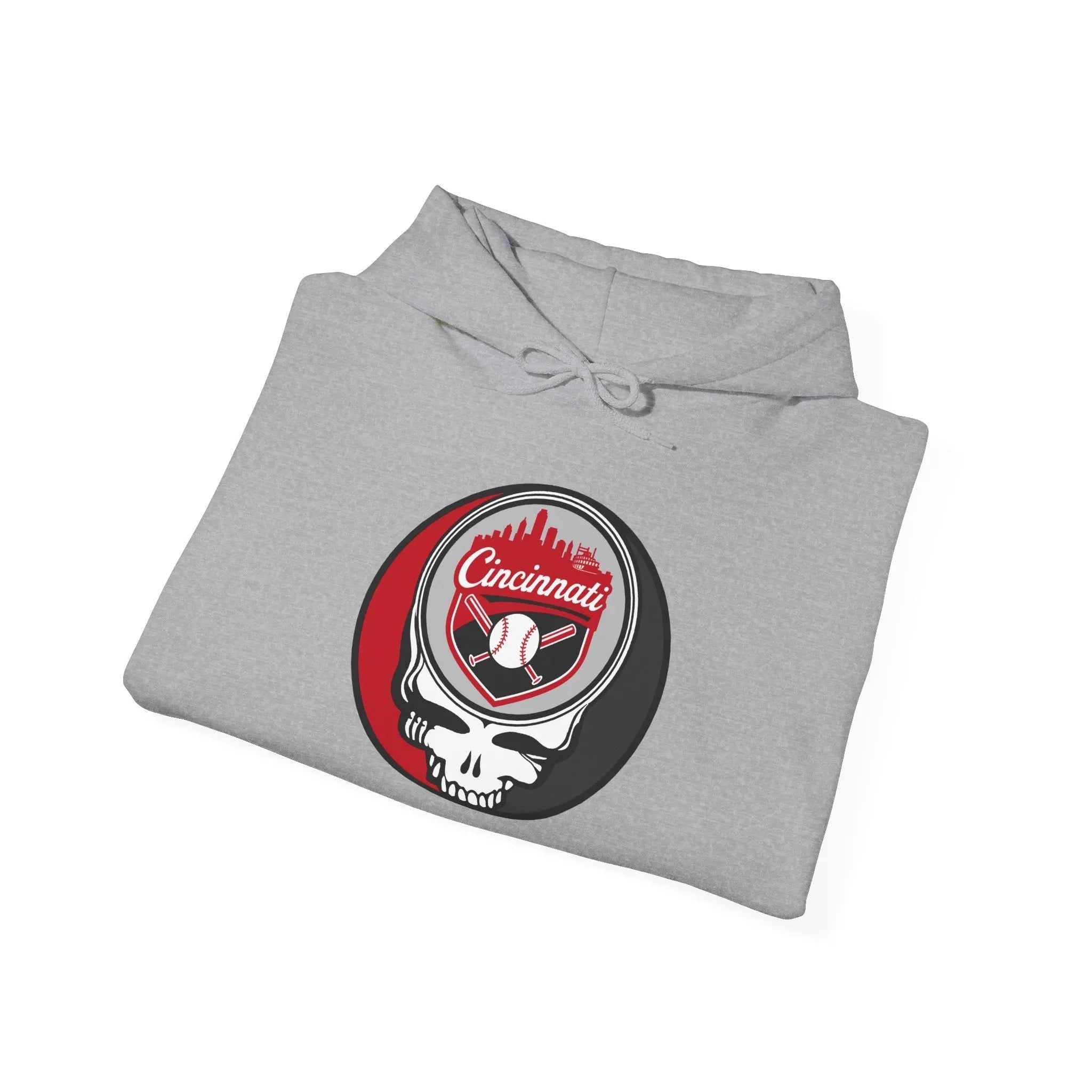 Heather gray Cincinnati Reds Stealie hoodie, folded, with front skull basketball logo