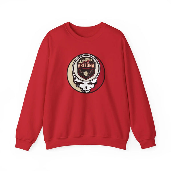 Red crewneck sweatshirt with Arizona logo skull patch graphic