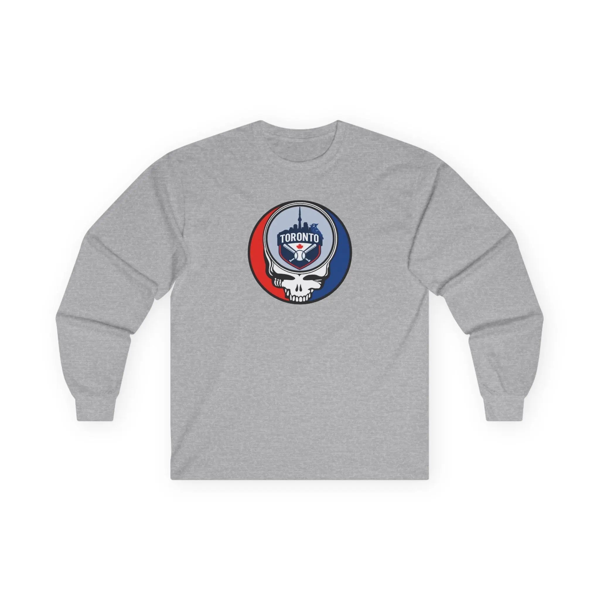 Toronto Blue Jays sport grey long-sleeve T-shirt with Stealie logo on back
