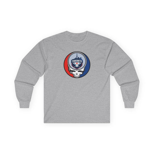 Toronto Blue Jays sport grey long-sleeve T-shirt with Stealie logo on back