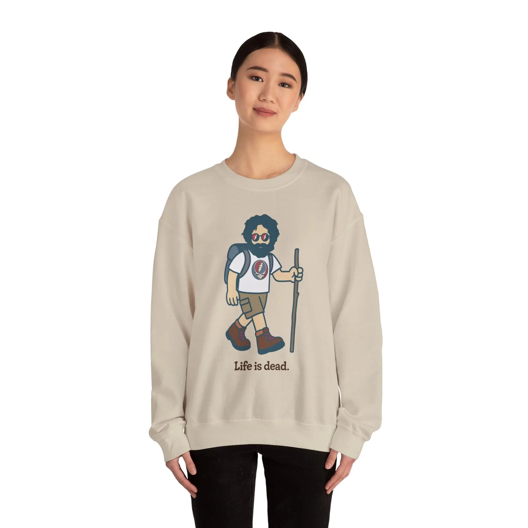 Light sand crewneck sweatshirt with cartoon hiker graphic on front