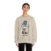 Light sand crewneck sweatshirt with cartoon hiker graphic on front