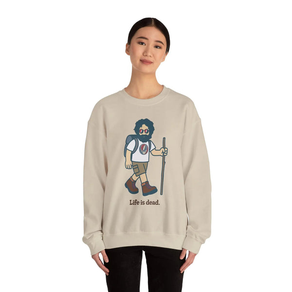 Light sand crewneck sweatshirt with cartoon hiker graphic on front