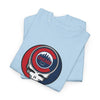 Light blue Stealie skull graphic T-shirt, folded pair with circular Chicago logo