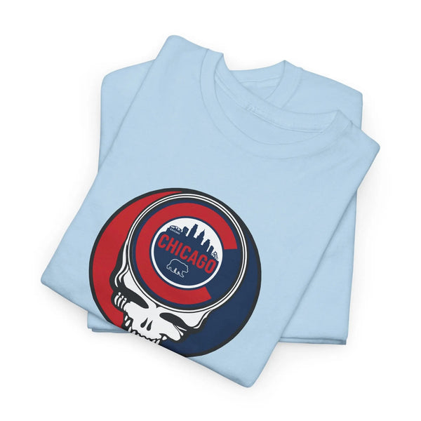 Light blue Stealie skull graphic T-shirt, folded pair with circular Chicago logo
