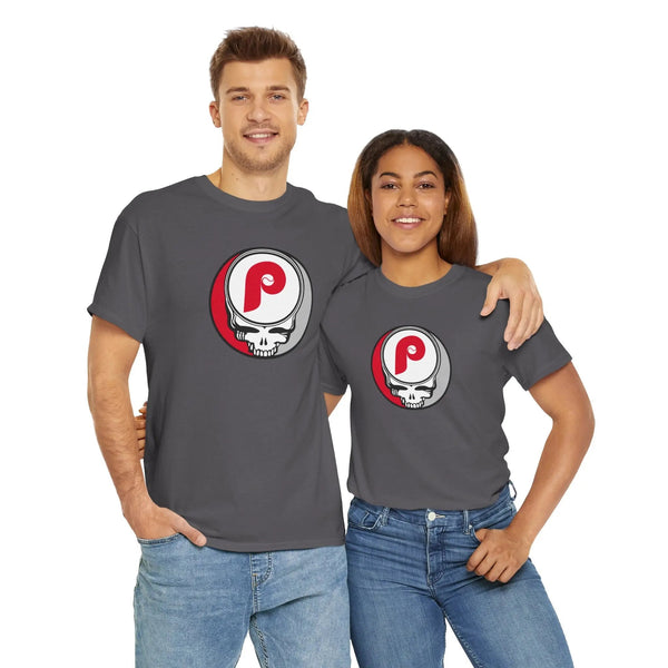 Dark gray short-sleeve T-shirt with circular P skull team logo