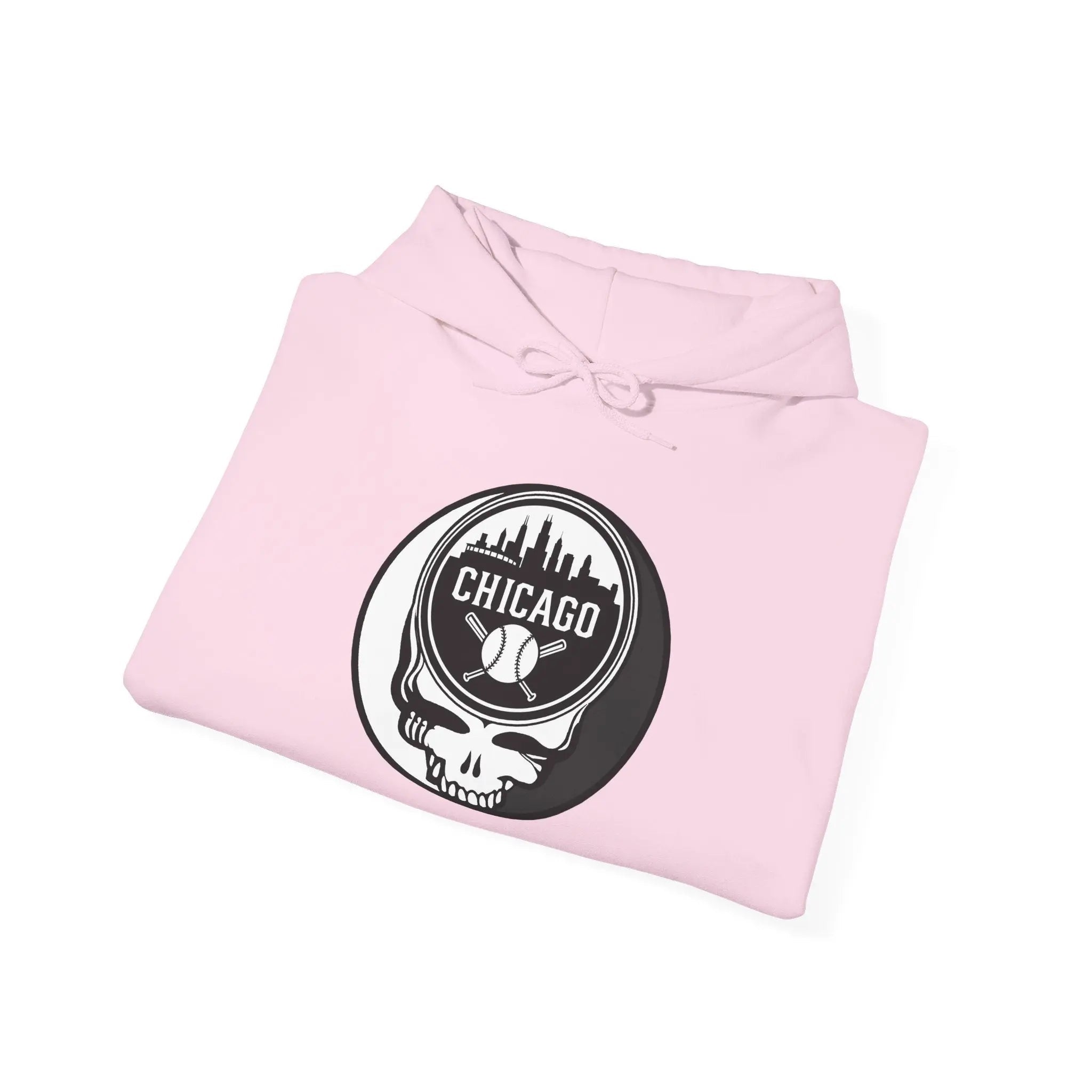 Pink hoodie with hood drawstrings and round Chicago emblem graphic on front