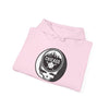 Pink hoodie with hood drawstrings and round Chicago emblem graphic on front