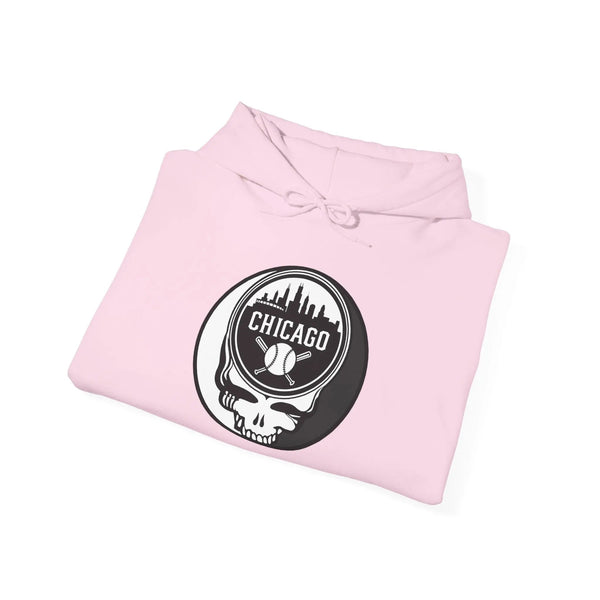 Pink hoodie with hood drawstrings and round Chicago emblem graphic on front