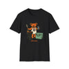 Black T-shirt with cartoon bear grilling graphic and small text at bottom
