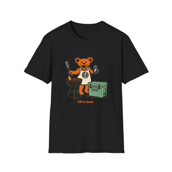 Black T-shirt with cartoon bear grilling graphic and small text at bottom