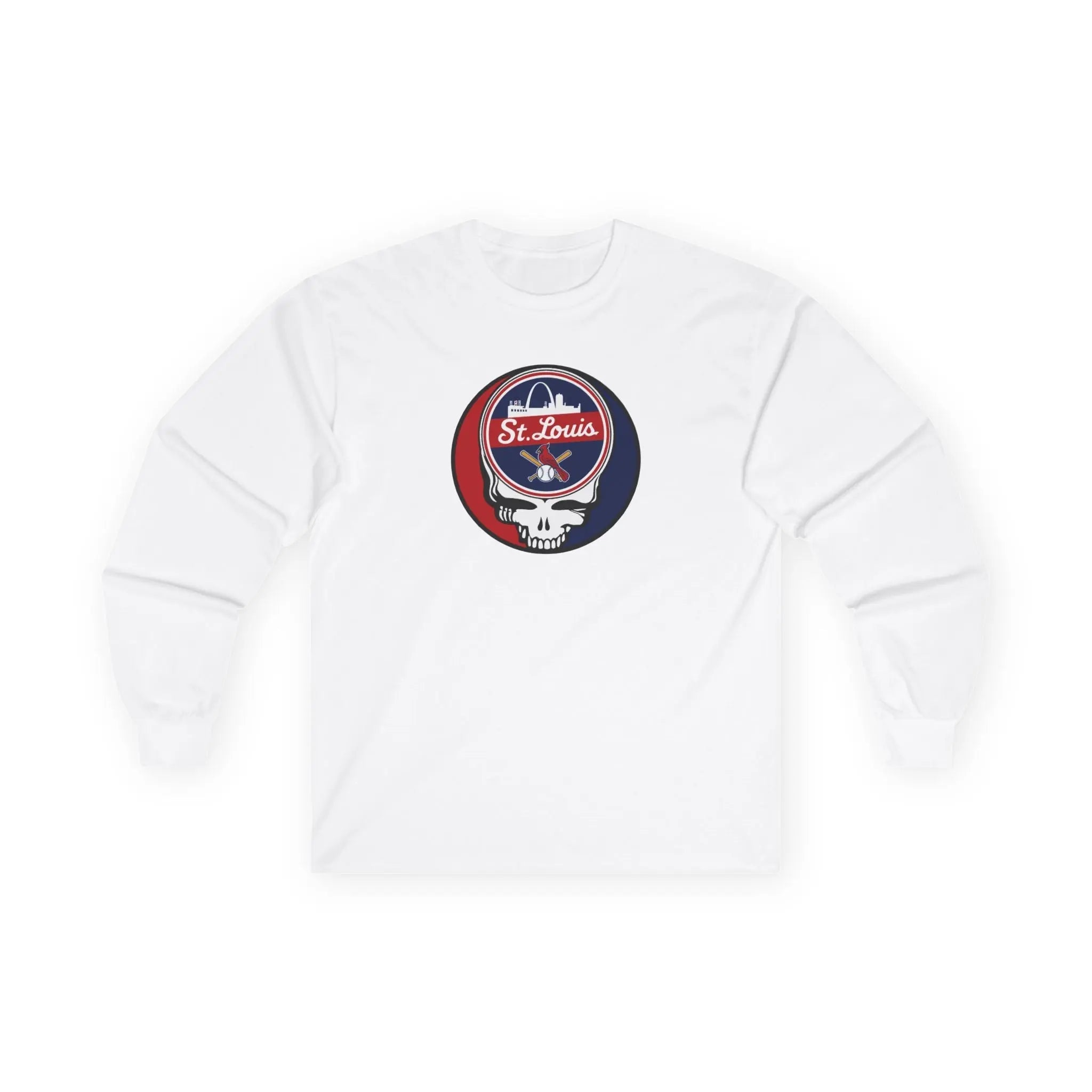 White long-sleeve T-shirt with St. Louis circular logo graphic on chest