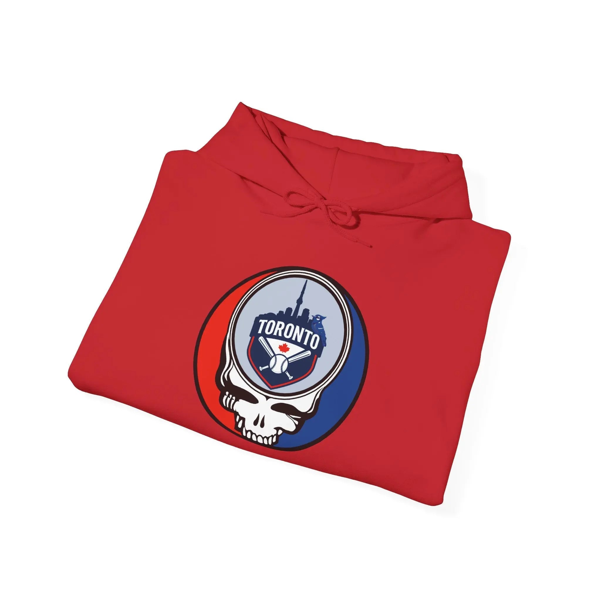 Red pullover hoodie with front circular Toronto logo patch and drawstring hood