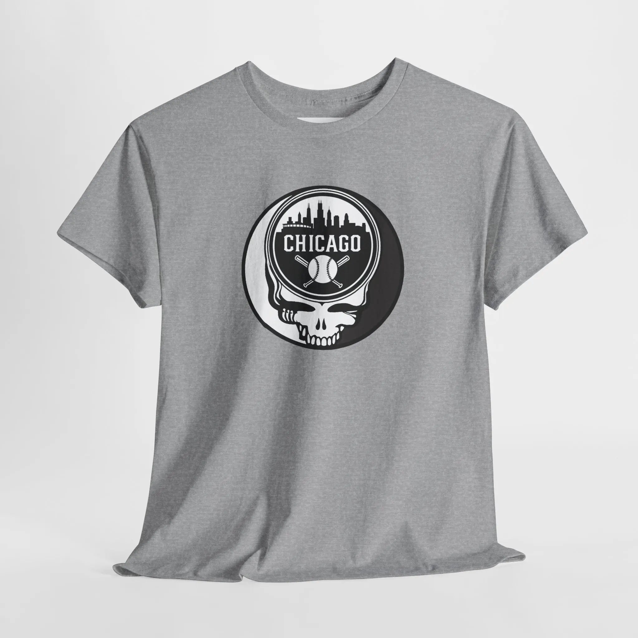Light gray Chicago Stealie skull T-shirt with circular logo graphic on front