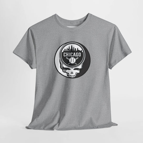Light gray Chicago Stealie skull T-shirt with circular logo graphic on front