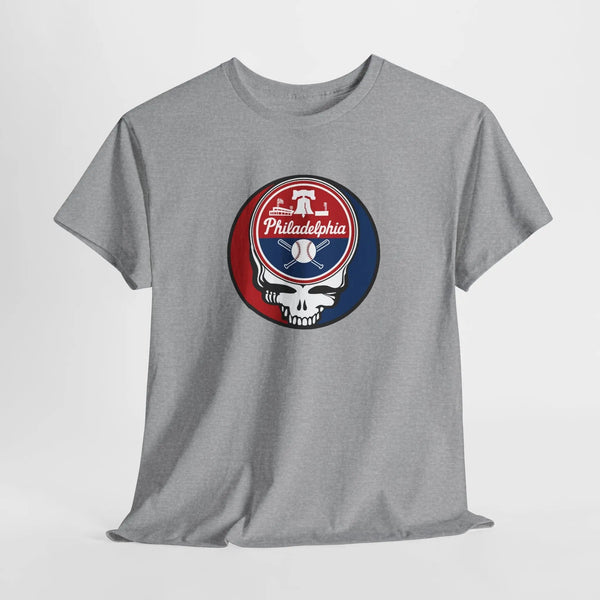 Light gray crewneck T-shirt with circular Philadelphia mascot logo graphic on front.