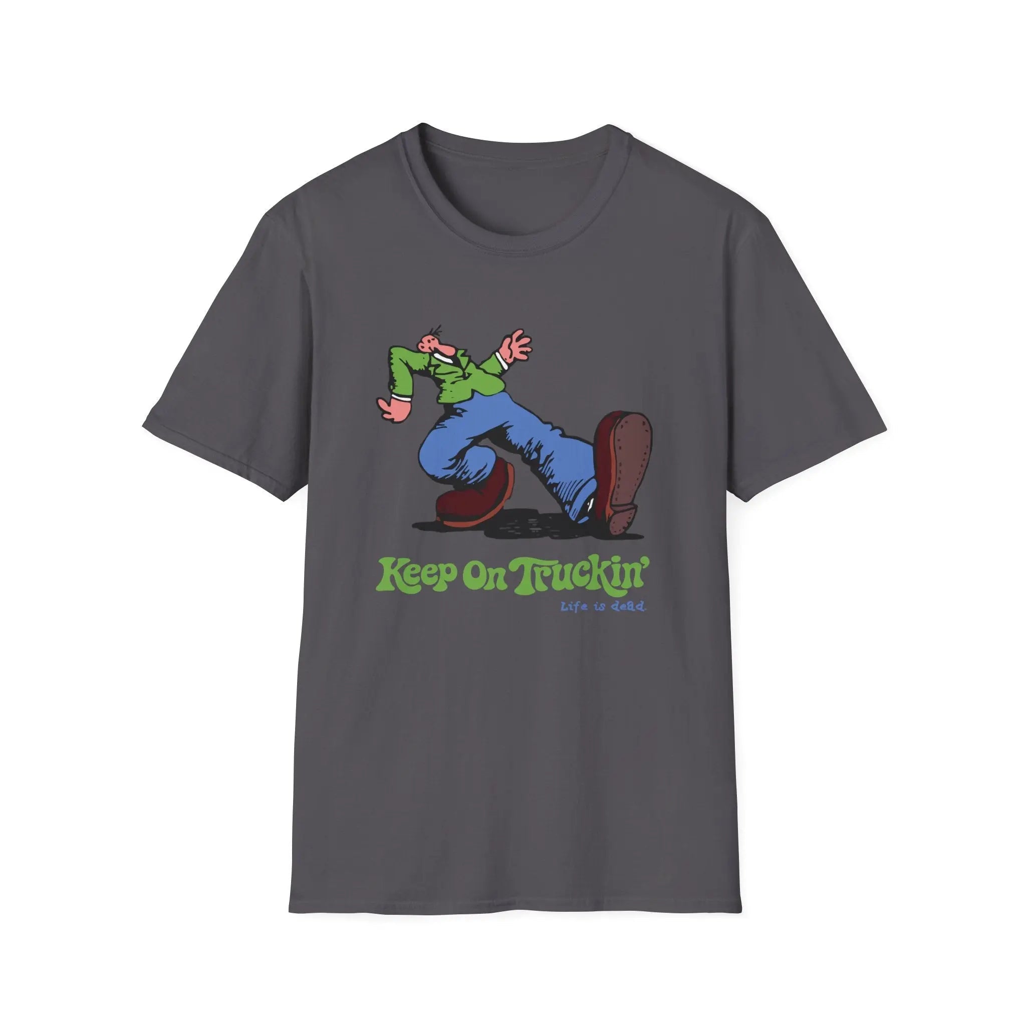 Dark heather gray graphic T-shirt with cartoon rider and 