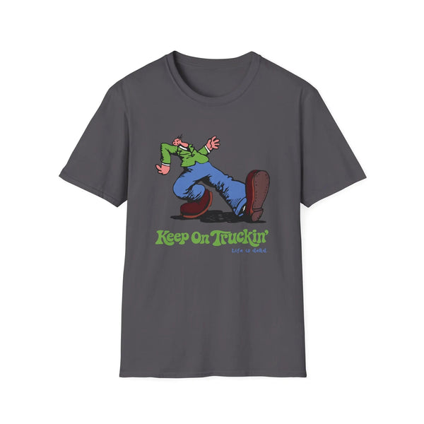 Dark heather gray graphic T-shirt with cartoon rider and "Keep On Truckin'" text