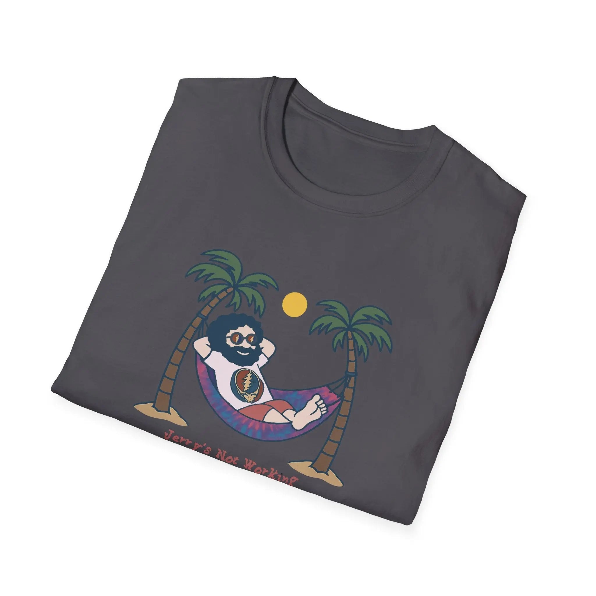 Charcoal gray crewneck T-shirt with sloth hammock graphic and palm trees