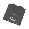 Charcoal gray crewneck T-shirt with sloth hammock graphic and palm trees