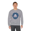 Sport grey crewneck sweatshirt with blue face graphic and sunglasses print
