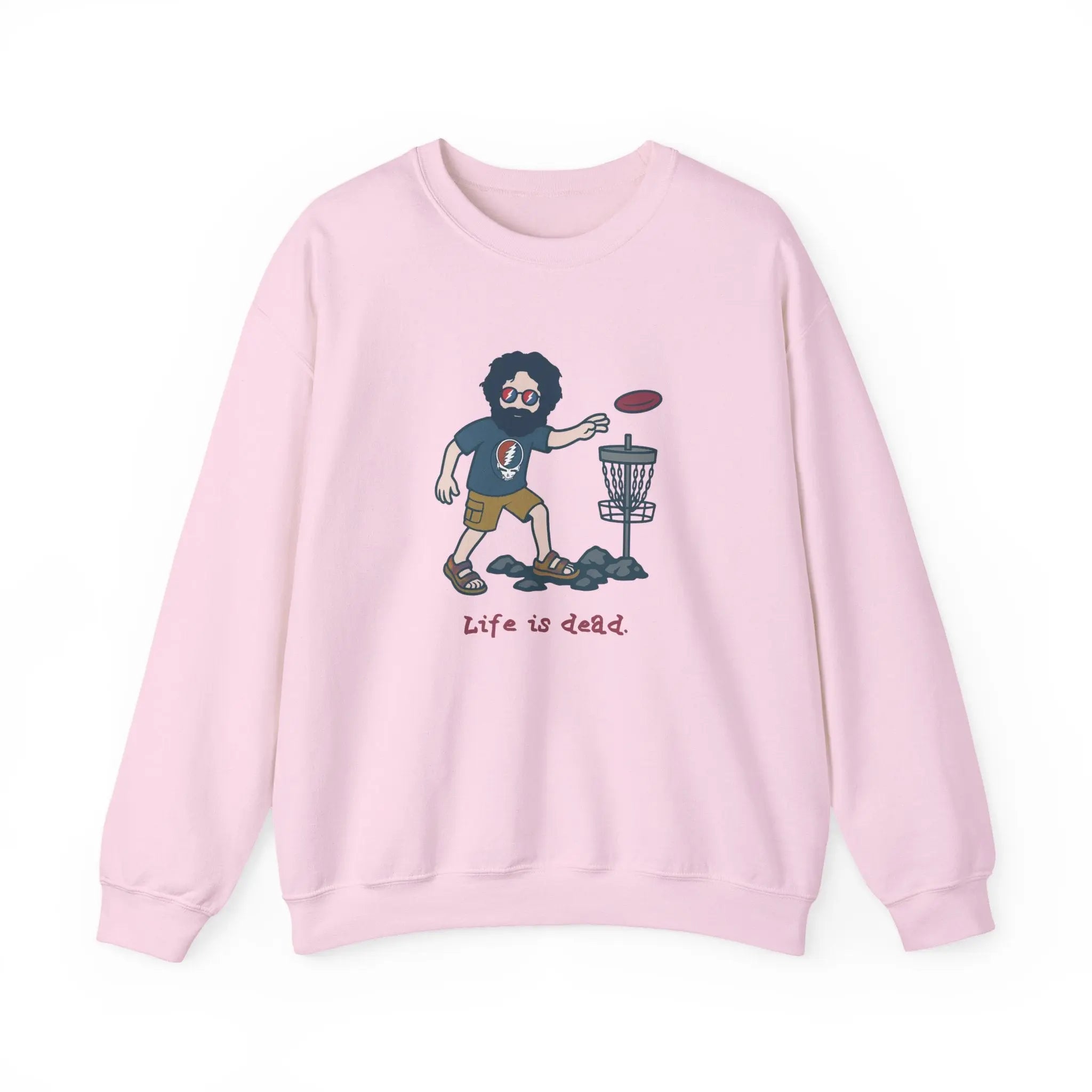 Disc Golfin' Jerry light pink crewneck sweatshirt, full front cartoon golfer with disc and basket