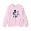 Disc Golfin' Jerry light pink crewneck sweatshirt, full front cartoon golfer with disc and basket
