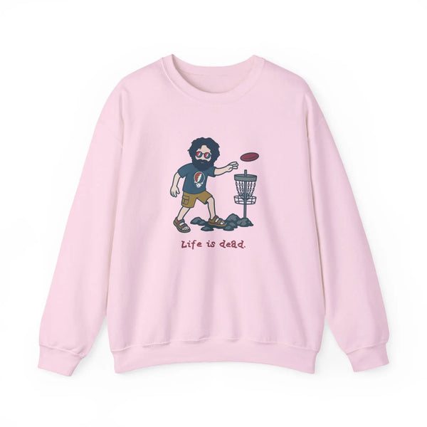 Disc Golfin' Jerry light pink crewneck sweatshirt, full front cartoon golfer with disc and basket