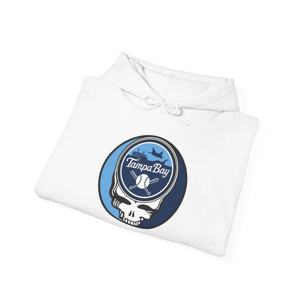 White Tampa Bay Rays hoodie folded with drawstring hood and round team logo graphic