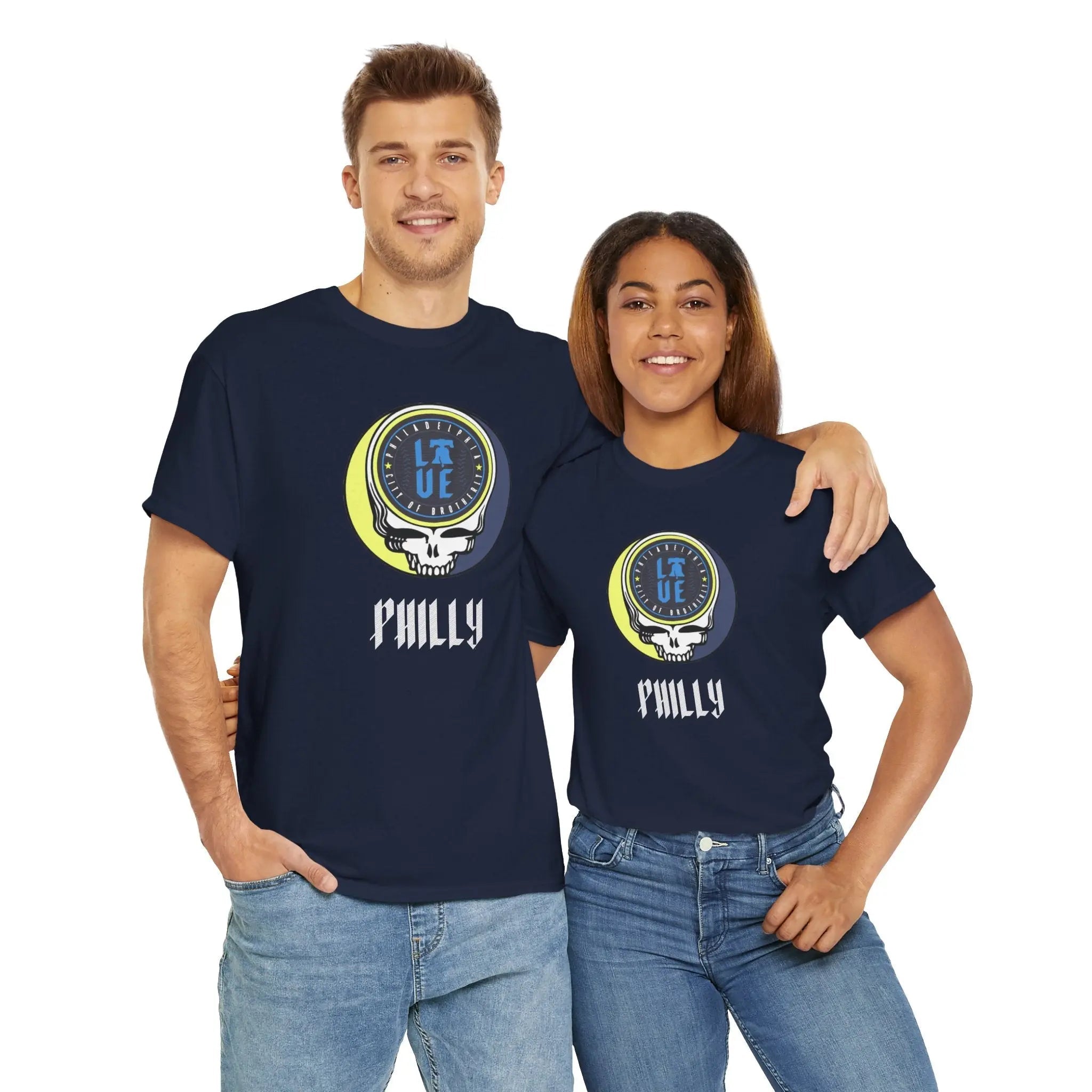 Navy Stealie logo T-shirt with circular skull graphic and “Philly” text on chest