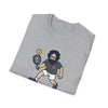 Sport grey graphic t-shirt with cartoon bearded character holding a bat-style prop