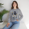 Light gray crewneck sweatshirt with cartoon graphic and slogan 'Life is dead.'