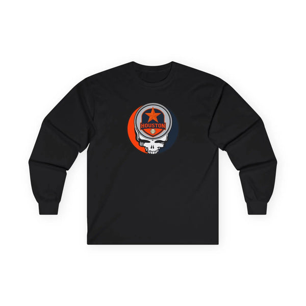 Black Houston Astros long-sleeve T-shirt with chest Stealie-style skull emblem