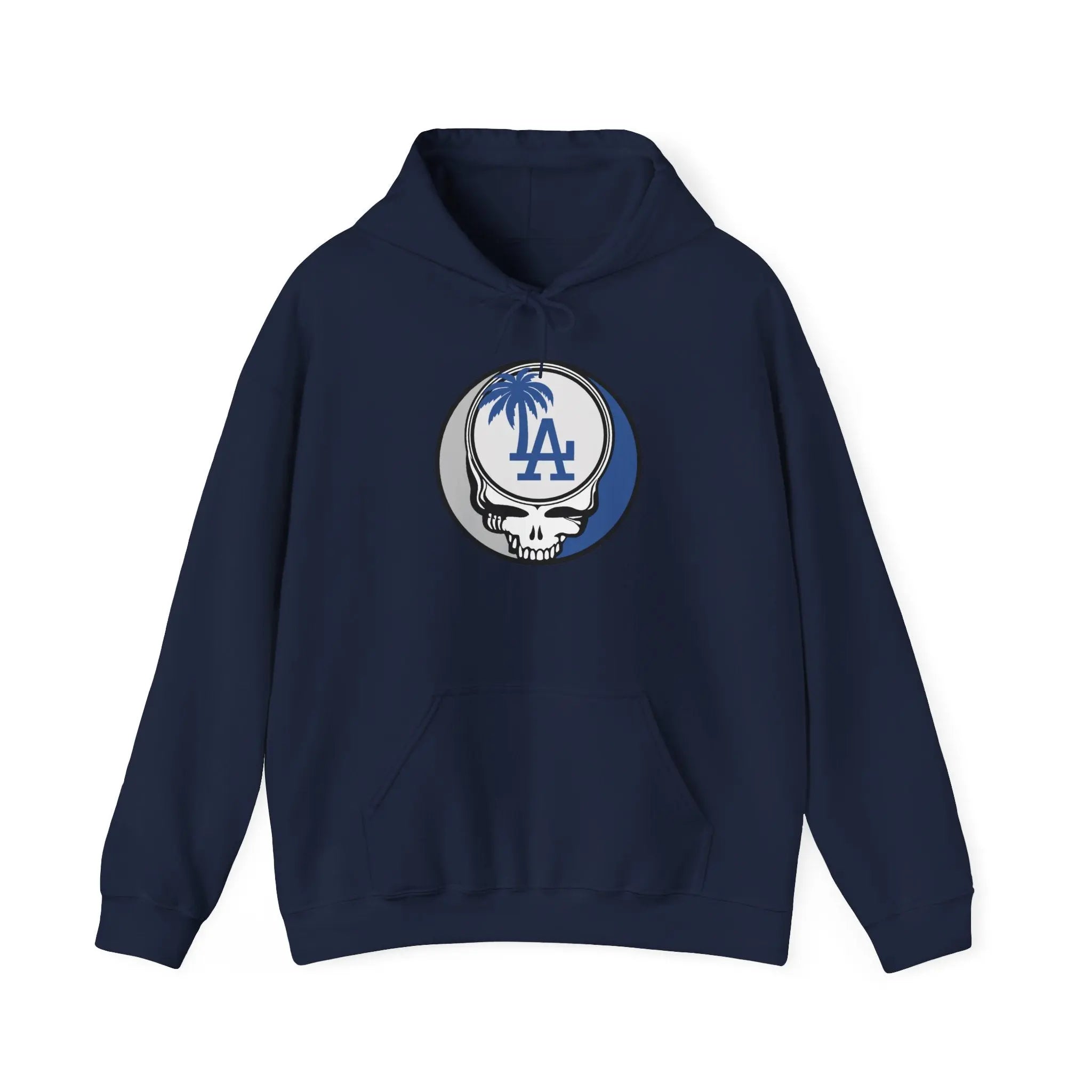 Los Angeles Dodgers navy hoodie with front Stealie LA emblem and hood drawstring