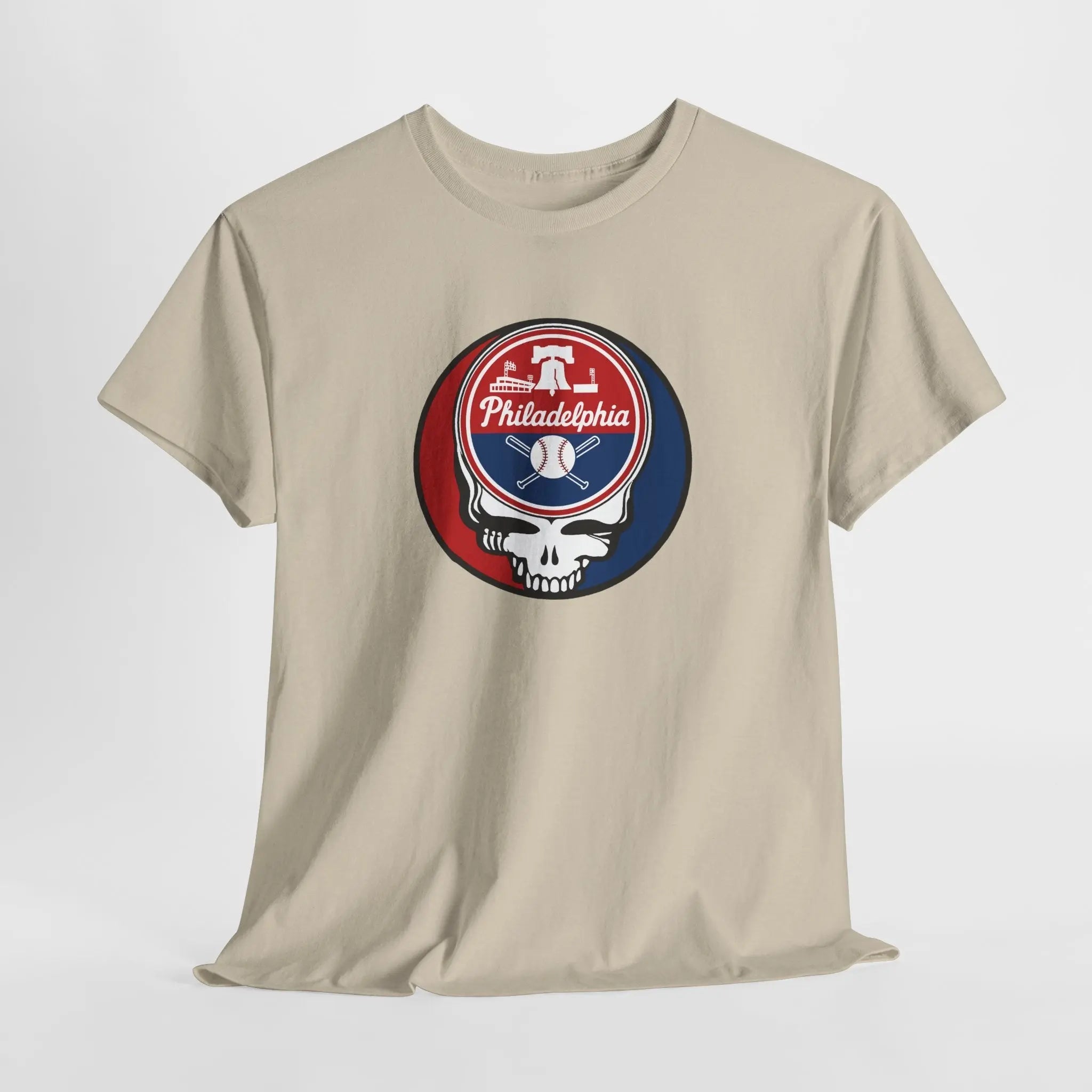 Sand T-shirt with round Philadelphia logo skull graphic on the front