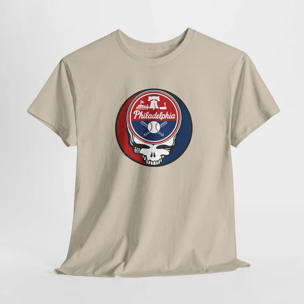 Sand T-shirt with round Philadelphia logo skull graphic on the front