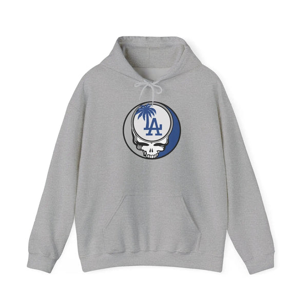 Los Angeles Dodgers heather gray hoodie, front LA Stealie logo, pullover with hood