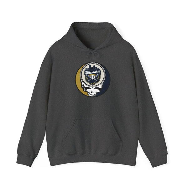 Charcoal gray hoodie with Milwaukee Brewers Stealie graphic and front kangaroo pocket