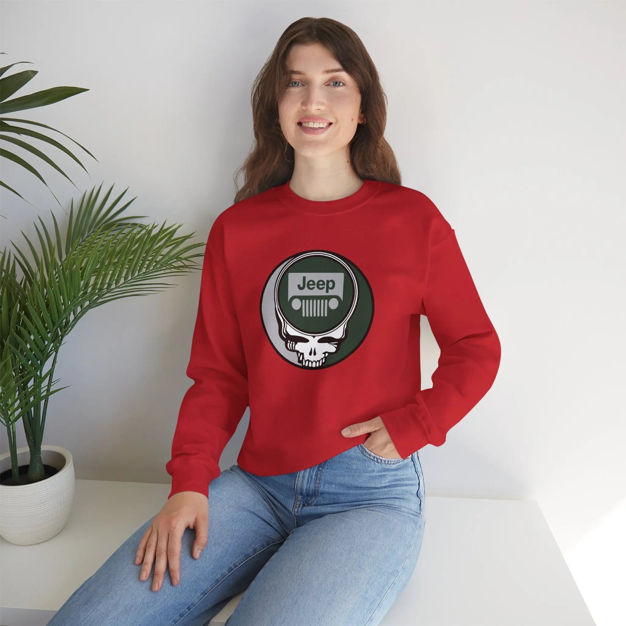 Red crewneck sweatshirt with front Jeep graphic logo and long sleeves