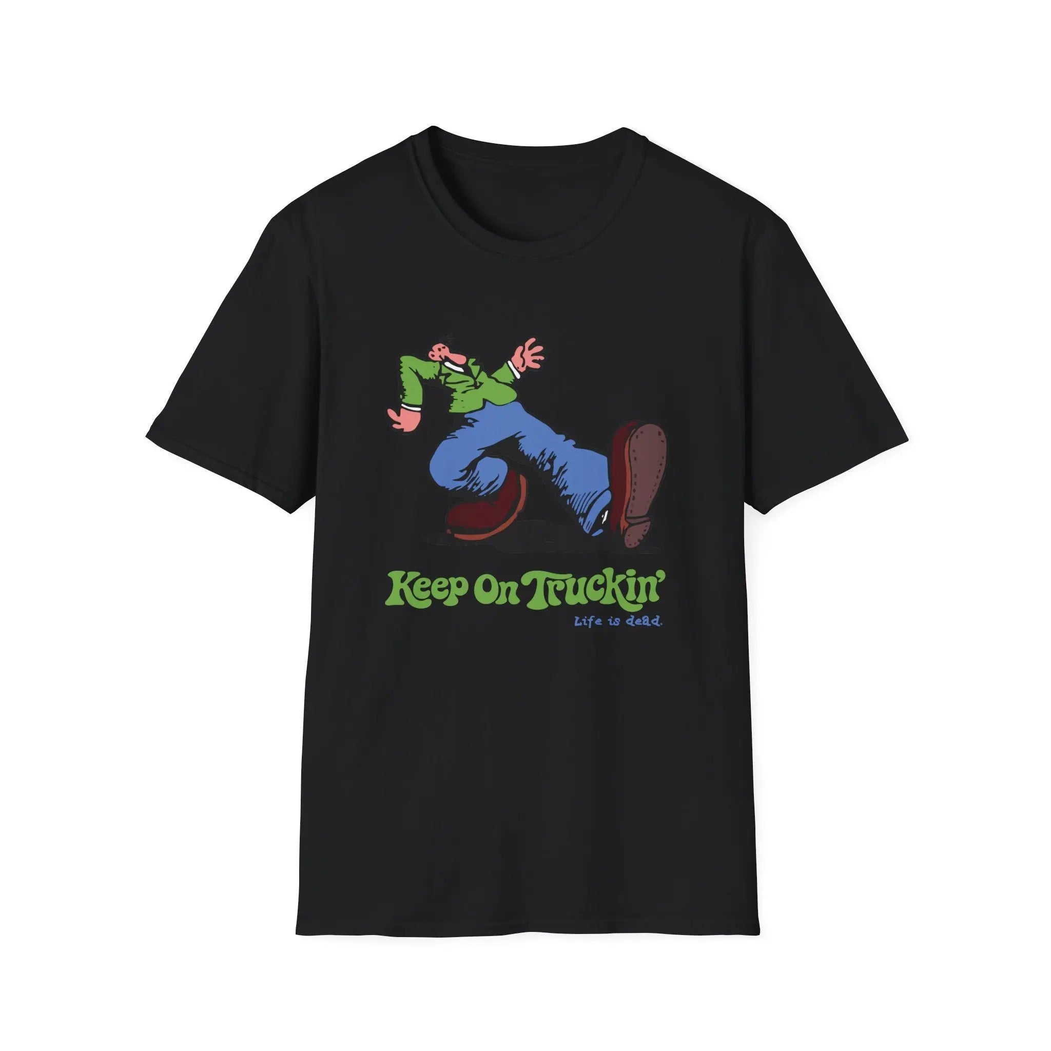 Black graphic T-shirt with cartoon rider and 