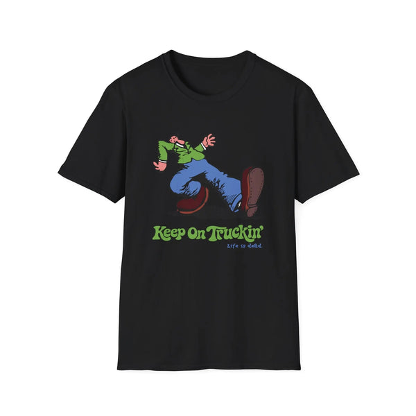 Black graphic T-shirt with cartoon rider and "Keep On Truckin'" text on front