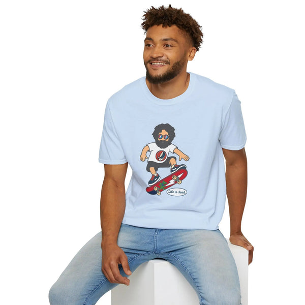 Light blue crewneck T-shirt with cartoon skateboarding graphic on chest.