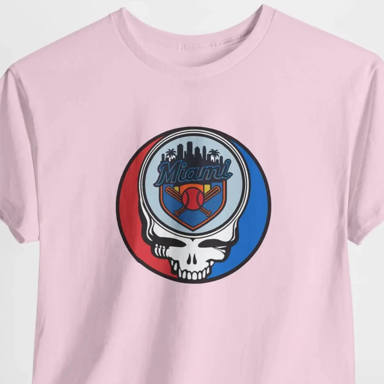 Miami Marlins Stealie T-shirt, light pink, crew neck with circular skull team graphic