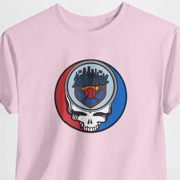 Miami Marlins Stealie T-shirt, light pink, crew neck with circular skull team graphic