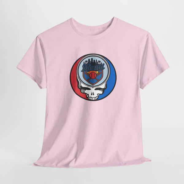 Miami Marlins Stealie T-shirt, light pink, short-sleeve crew neck with circular skull logo