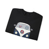 Black crewneck sweatshirt with front bus graphic print