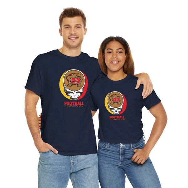 Navy football t-shirt with circular M helmet logo graphic and 'FOOTBALL' text
