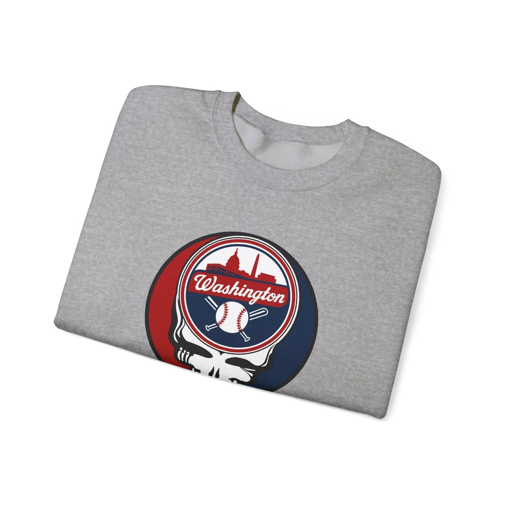 Light gray crewneck sweatshirt with Washington logo skull graphic print on the chest