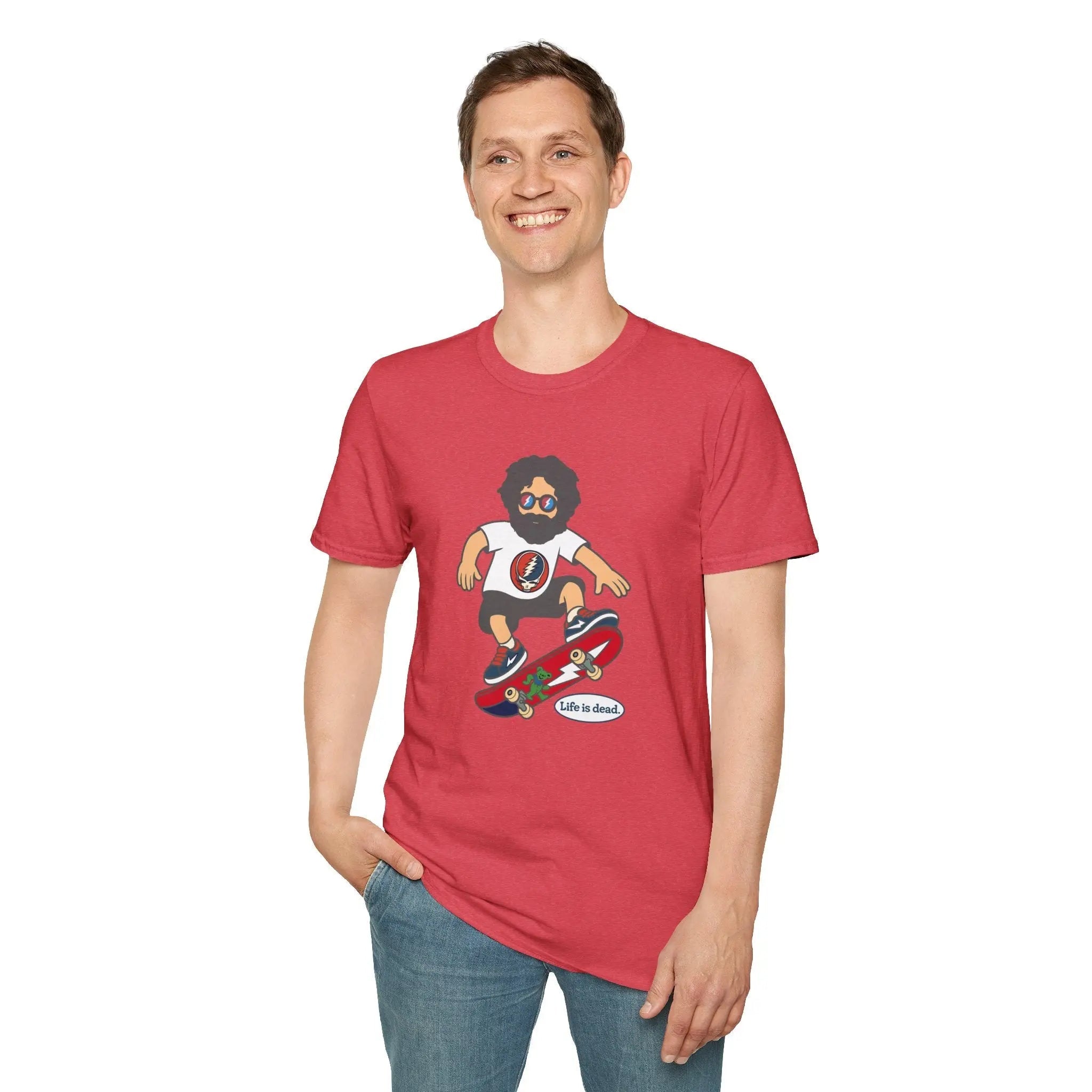 Red crewneck T-shirt with cartoon skateboarding graphic on chest.