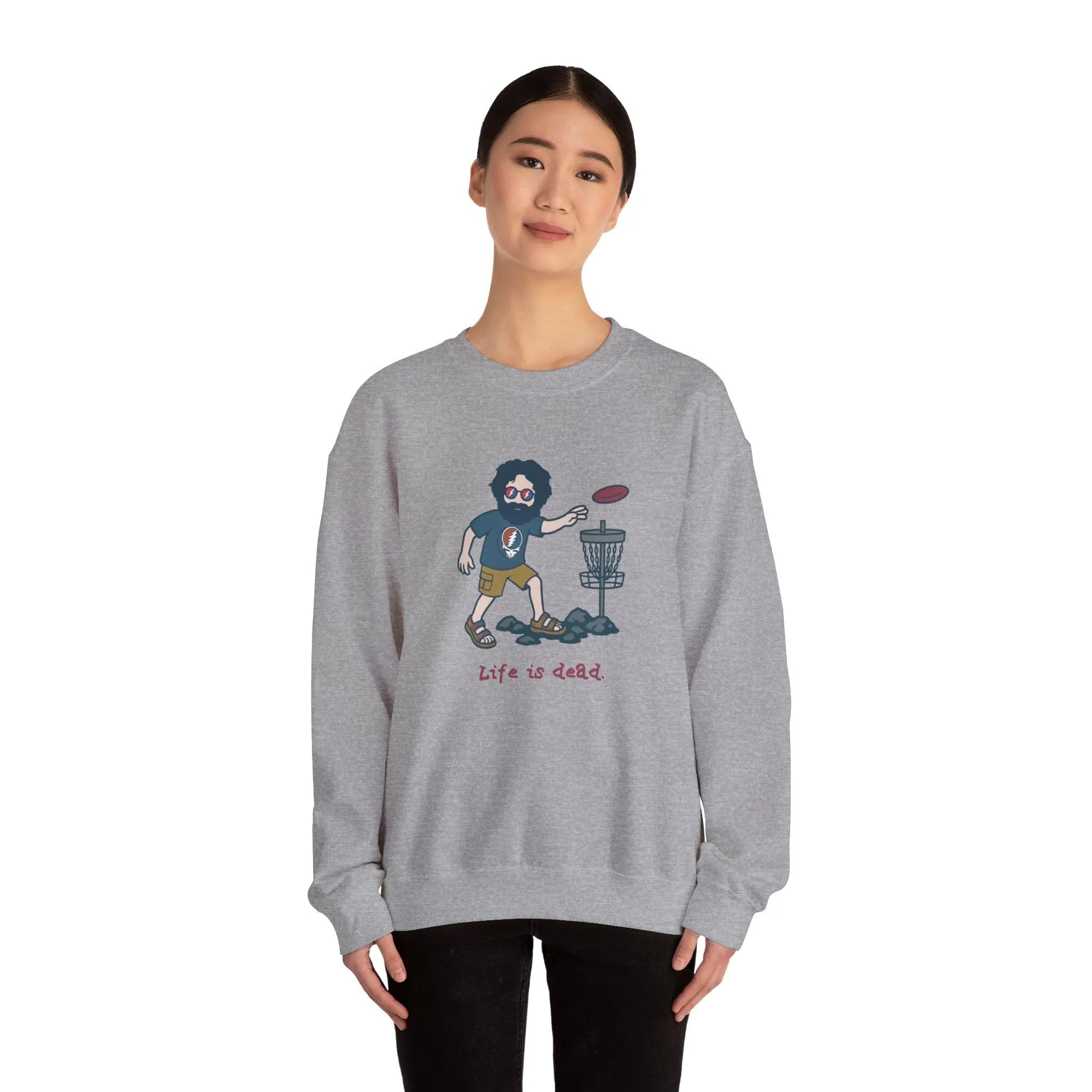 Disc Golfin' Jerry sport grey crewneck sweatshirt, model wearing with front cartoon golfer graphic